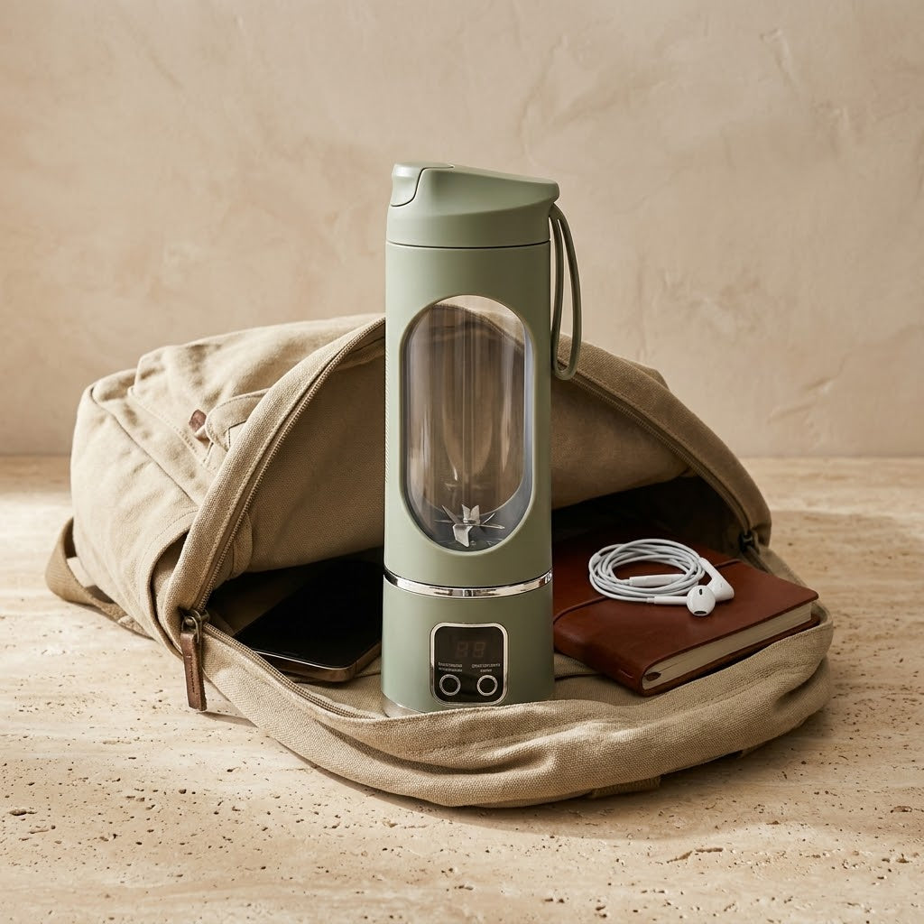 Le Freshy Blender One vert armée rangé debout dans un sac à dos en toile ouvert, à côté d'un téléphone, d'un carnet en cuir et d'écouteurs