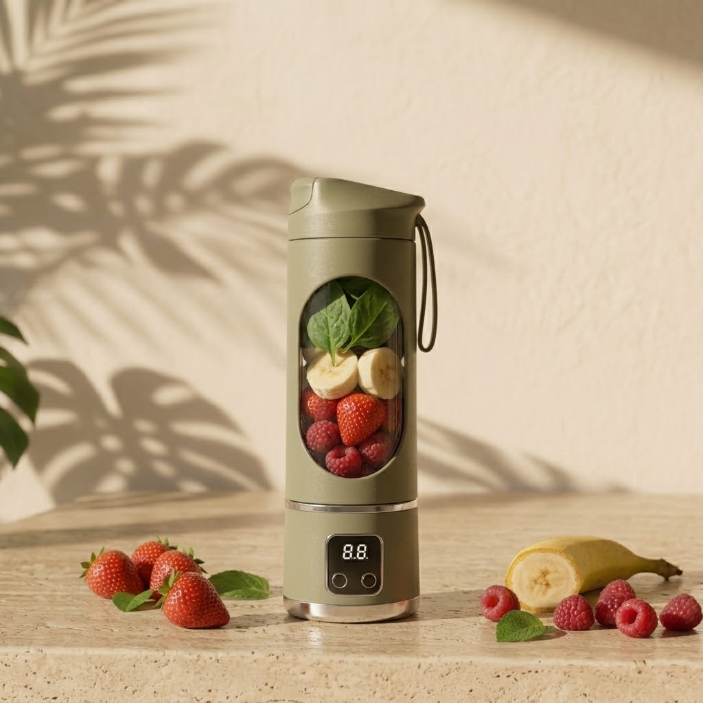 Freshy Blender One vert armée rempli de fraises, framboises, banane et épinards entiers avant mixage