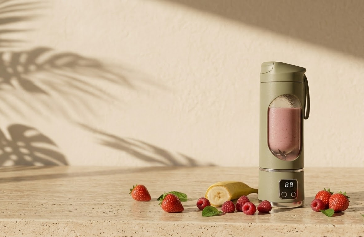 Freshy Blender One vert armée rempli d'un smoothie fraise, sur un plan en travertin avec fruits frais et ombre de feuillage