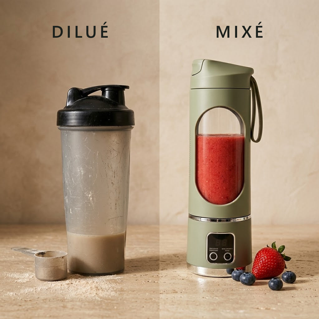 À gauche un shaker usagé et un reste de boisson protéinée diluée, à droite le Freshy Blender One vert armée rempli d'un smoothie fraise mixé avec des fruits frais