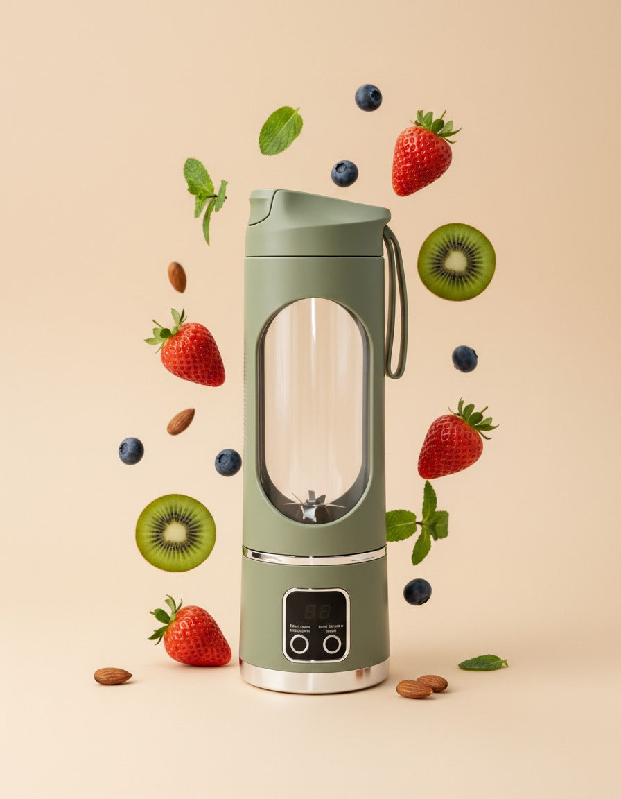 Freshy Blender One vert armée entouré de fruits frais en suspension sur fond beige