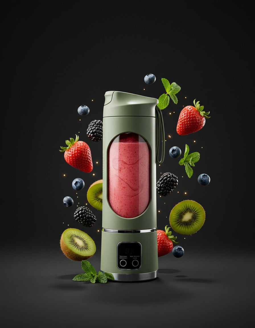 Freshy Blender One vert armée rempli d'un smoothie aux fruits rouges, fond sombre